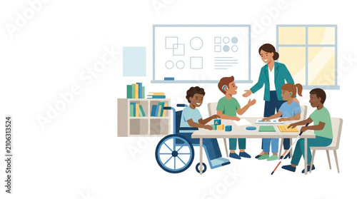 A diverse group of elementary students, including one in a wheelchair, actively participate in an art class lesson at a table with their teacher in a bright classroom