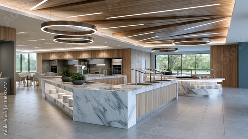 Modern cafeteria interior with marble buffet counters and geometric wooden ceiling during daytime