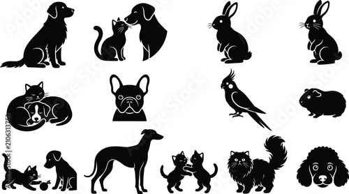 Obraz na płótnie Domestic Pet Silhouette Vector Set with Cute Dog Breeds, Cats, Kittens, Rabbits,