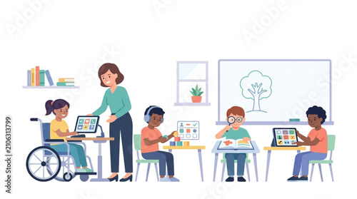 A diverse group of children with a teacher learning using tablets and computers in a brightly lit classroom, promoting inclusive education and digital literacy