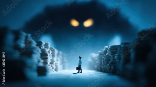 Man standing in a dark room with stacks of stacks business background
