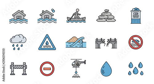 Bild auf Leinwand Set of Linear Icons Representing Natural Disasters and Emergency Rescue Operatio