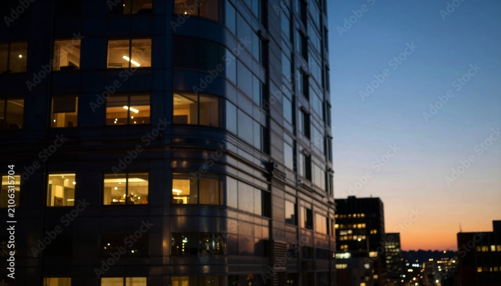 Fototapeta premium Modern Skyscraper Facade at Sunset Twilight