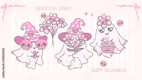 Retro cute ghost with witch hat pink holding flower romantic halloween cartoon hand drawn style. Great for Halloween party graphics, planner stickers, digital paper crafts, and invitation designs.
