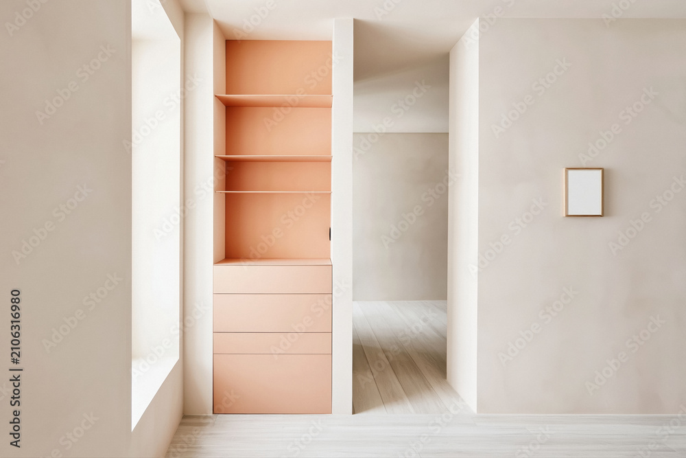 Fototapeta premium Simple minimal room interior with built in shelving and soft neutral palette