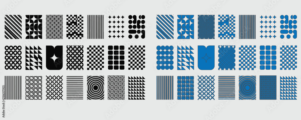 Fototapeta premium Set of abstract geometric seamless patterns with diverse black and blue shapes, geometric