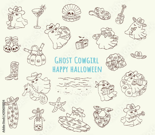 Retro western cartoon kawaii ghost cowgirl characters, Line art hand drawn halloween illustration