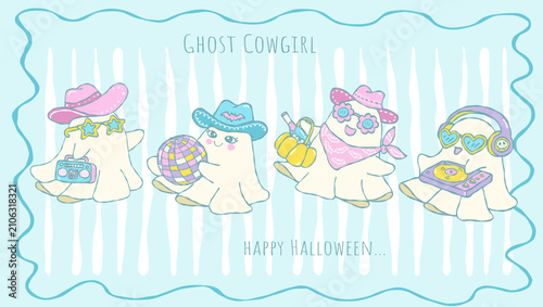 Retro Groovy Western Cute Ghost Cowgirl Characters Happy Halloween Cartoon Hand Drawn Doodle