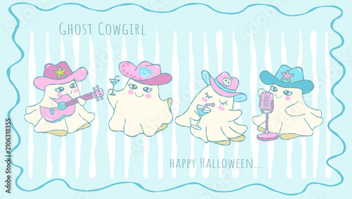 Retro Groovy Western Cute Ghost Cowgirl Characters Happy Halloween Cartoon Hand Drawn Doodle