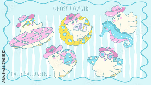 Retro Cute Ghost Cowgirl Characters Summer Halloween Cartoon Western Hand Drawn Doodle