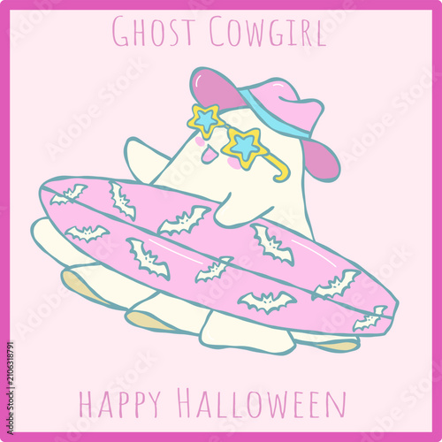 Cute kawaii ghost cowgirl holding bat print surfboard, hand drawn Halloween clipart illustration