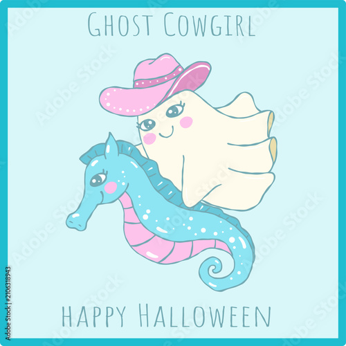 Cute kawaii ghost cowgirl floating with blue seahorse, hand drawn Halloween clipart illustration