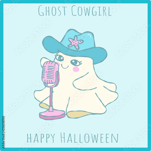 Cute kawaii ghost cowgirl singing into vintage microphone, hand drawn Halloween clipart illustration