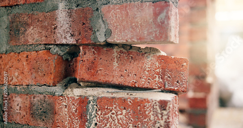 Foto Wall, cement and brick on construction site with damage, civil engineering fail or weak infrastructure
