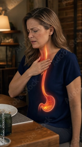 Woman suffering from heartburn and acid reflux. Concept of gastrointestinal disorder showing illuminated esophagus and stomach. Health care illustration for indigestion and medical treatment.