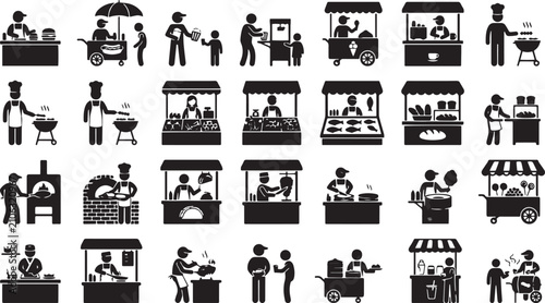 Tableau sur toile Street food stall icons set, black silhouette street vendor pictograms, outdoor