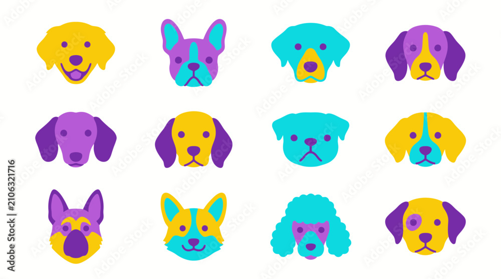 Obraz premium Colorful Flat Design Illustration Set of Diverse Dog Breed Faces and Puppy Heads for Animal Graphic Design