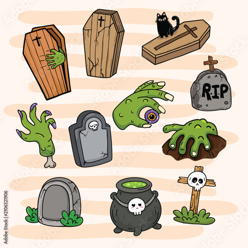 illustration halloween coffin and grave symbol hand drawn vector