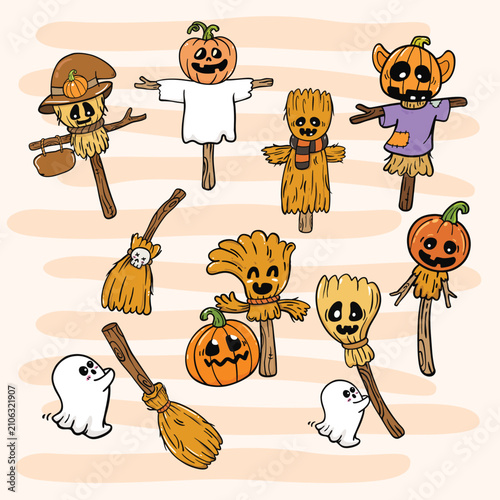 illustration scary halloween pumpkin scarecrow hand drawn outline concept