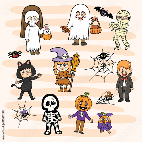 illustration halloween child wearing  costume hand drawn outline concept