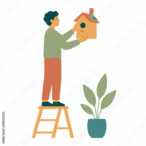 Vector Illustration of a Man Standing on a Wooden Stepladder Holding a Small Birdhouse with a Perched Bird, Accompanied by a Potted Houseplant, Isolated on White Background