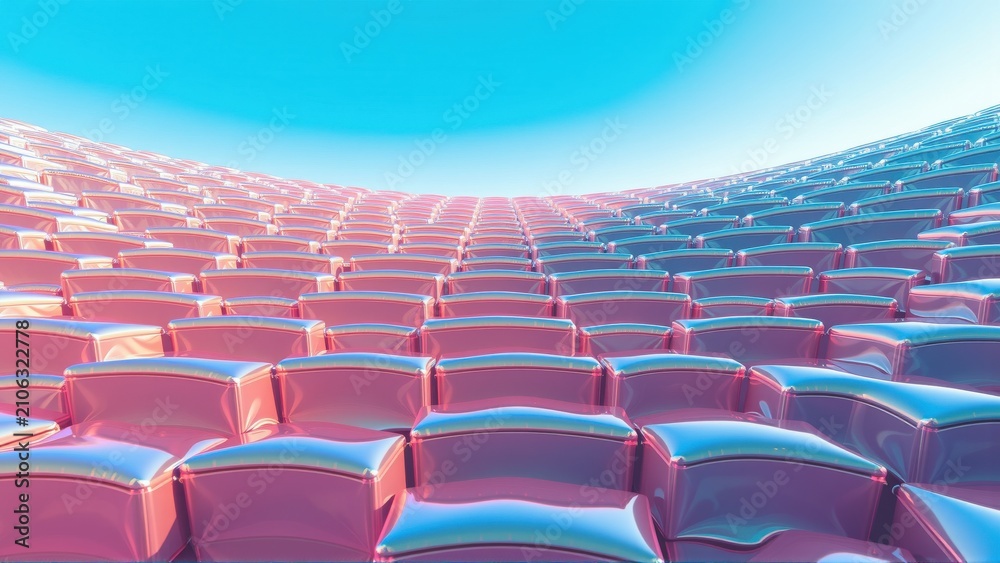 Obraz premium Pink tiles create repeating pattern. Bright cyan sky above dark background. Futuristic texture, smooth surfaces, digital rendering.