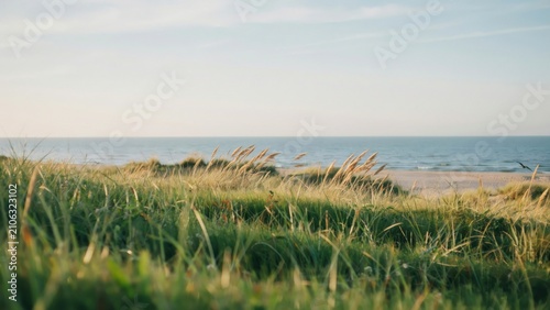 Scenic landscape view of green grass dunes near the blue ocean