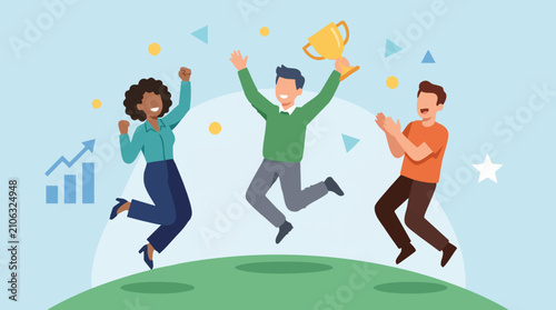 Quadro su tela Happy business team celebrating success, achievement, and victory with a trophy