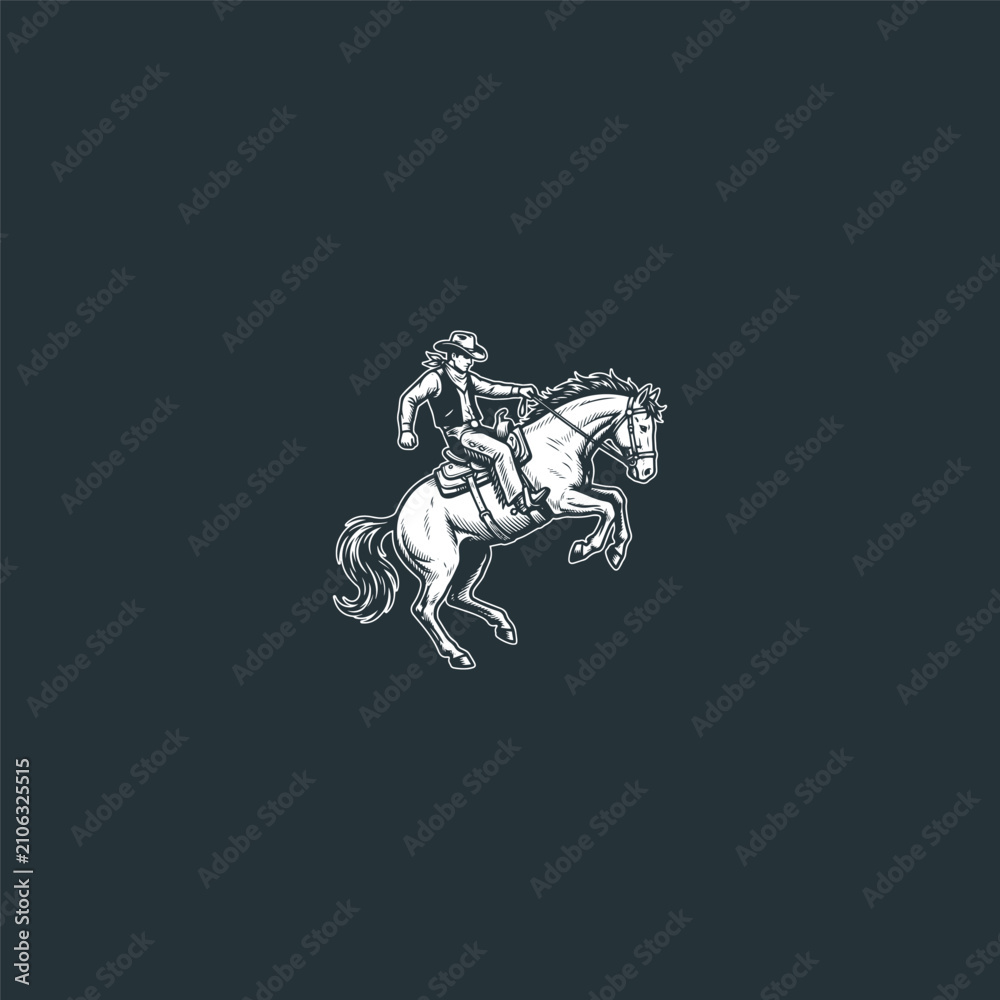 Fototapeta premium Vintage Cowboy Rearing Horse Woodcut Vector Art