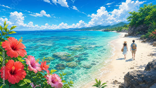 Tropical beach with clear turquoise water and colorful hibiscus flowers under bright blue sky with fluffy clouds, couple walking along shore