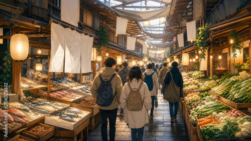People walking through lively market street with fresh fish and vegetables displayed under warm lantern light in cozy atmosphere