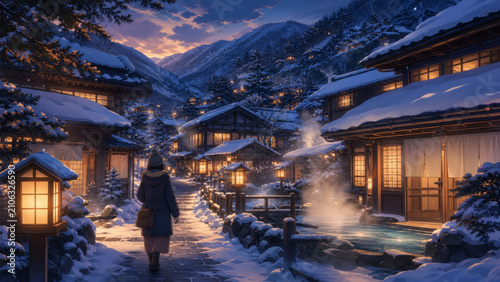 Snowy mountain village at dusk with warm glowing lanterns, traditional wooden houses, and person walking along stone path in winter