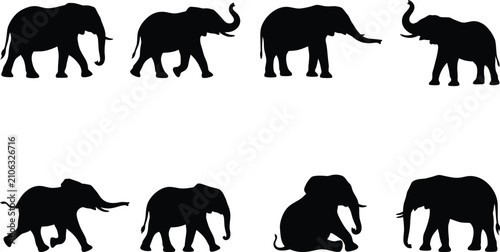 Fotografie Elephant black silhouette icons set with wild safari animals isolated on white b