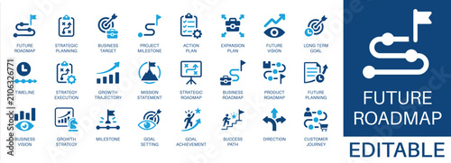 Future roadmap and strategic planning solid icon set. Featuring action plan, customer journey, growth strategy, goal setting, and timeline. Editable vector glyphs for business planning and management.