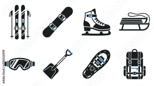 фотографія Winter sports gear and alpine equipment icons in minimalist two-tone vector styl