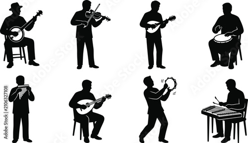 Obraz na płótnie Musicians playing folk and acoustic instruments black silhouette icons set isola