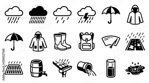 Photos Wet weather icons and storm protection equipment minimalist vector set for meteo