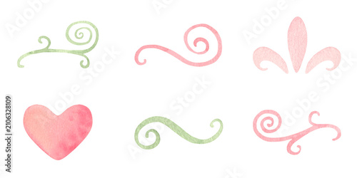 Set of pink, green decorative flourishes. Hand-painted watercolor illustration isolated on white for wedding stationery, feminine, kids branding, invitations, packaging, scrapbooking, graphic design