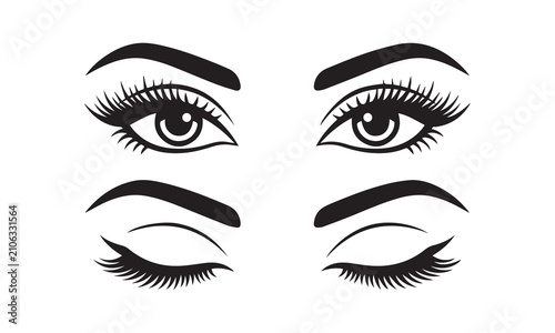 Beautiful Woman Open And Closed Eyes Vector Illustration Set For Makeup.