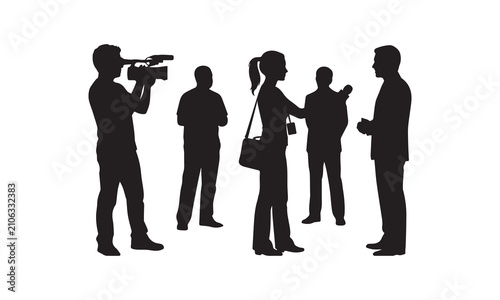 Journalist Interviewing Businessman With Cameraman News Reporter Vector Silhouette. 