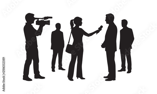 Journalist Interviewing Businessman With Cameraman News Reporter Vector Silhouette. 