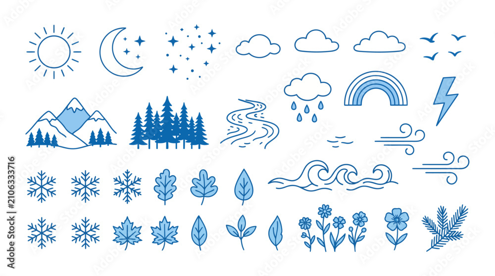 Obraz premium Set of Blue Linear Nature and Weather Icons for Climate and Environmental Design