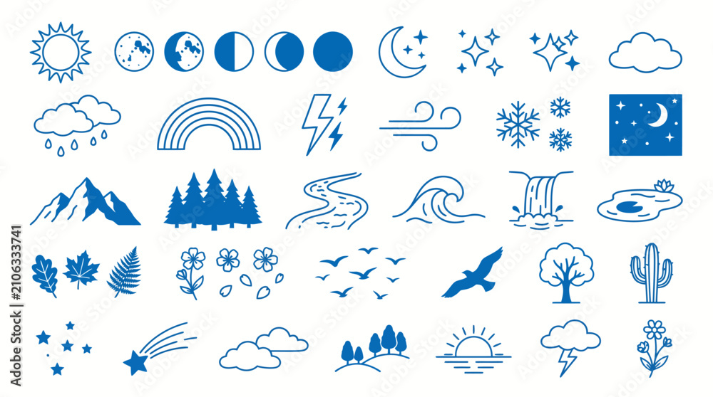 Obraz premium Blue Nature and Weather Line Icon Set for Environmental Design Projects
