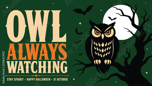 Obraz na płótnie Halloween greeting card design with an owl perched on a spooky tree branch again