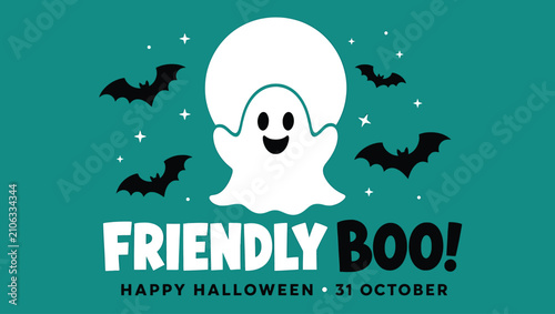 Foto Friendly boo halloween greeting card design with a cute ghost, bats, and stars o