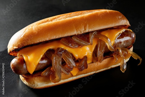 Bratwurst sandwich with melted cheddar cheese and caramelized onion on black background