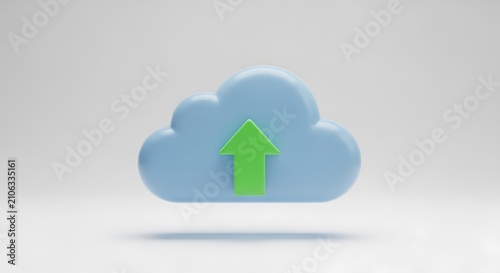 Obraz na płótnie Cloud computing upload icon with green arrow on light blue background