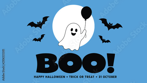 Foto Halloween greeting card design with a cute ghost holding a balloon, bats, and th
