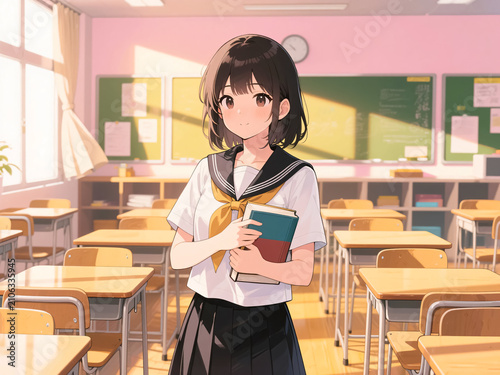 学校の教室で本を持っている女子高生のイラスト