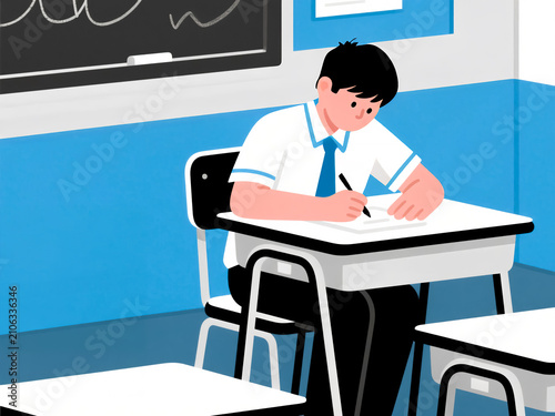 学校の教室で授業を受ける高校生のイラスト